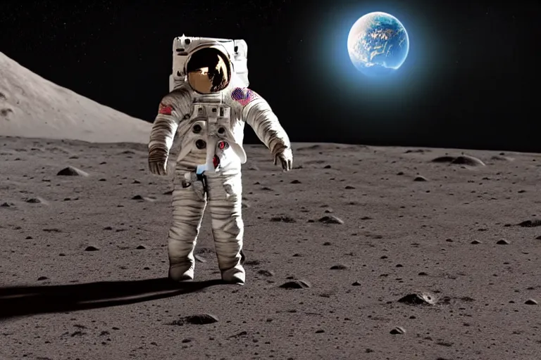 Prompt: still photo of astronaut in a space suit walking on the surface of moon, highly detailed, photorealistic portrait, bright studio setting, studio lighting, crisp quality and light reflections, unreal engine 5 quality render