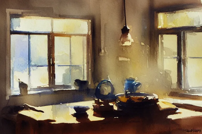 Prompt: small centered on watercolor paper, paint brush strokes, abstract watercolor painting of kitchen table, midday sharp light, dust, cinematic light, american romanticism by hans dahl, by jesper ejsing, by anders zorn, by greg rutkowski, by greg manchess, by tyler edlin