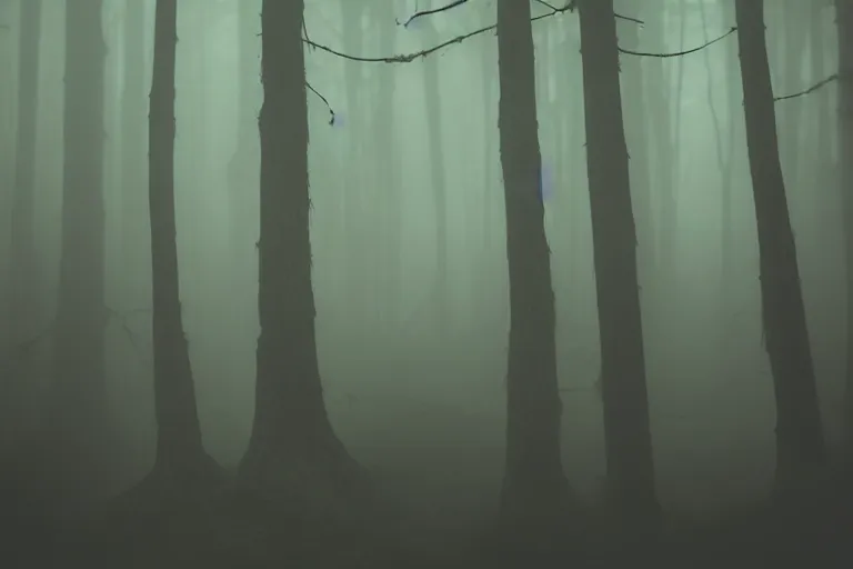 Image similar to a mystical alien standing in a dark, gloomy forest, detailed, mythical, mist, depressing, tired, dark, lush, nature, mist, mystery, glows, somber, dismal, fog, heavy fog, dark lighting, rim light, ambient light,