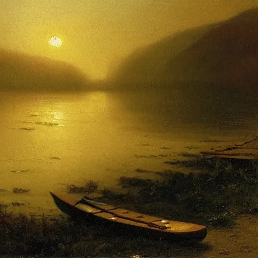 Image similar to An 1858 detailed oil painting of lost paddles on a primeval New England beach, by Albert Bierstadt. Misty, beautiful, natural, golden light.