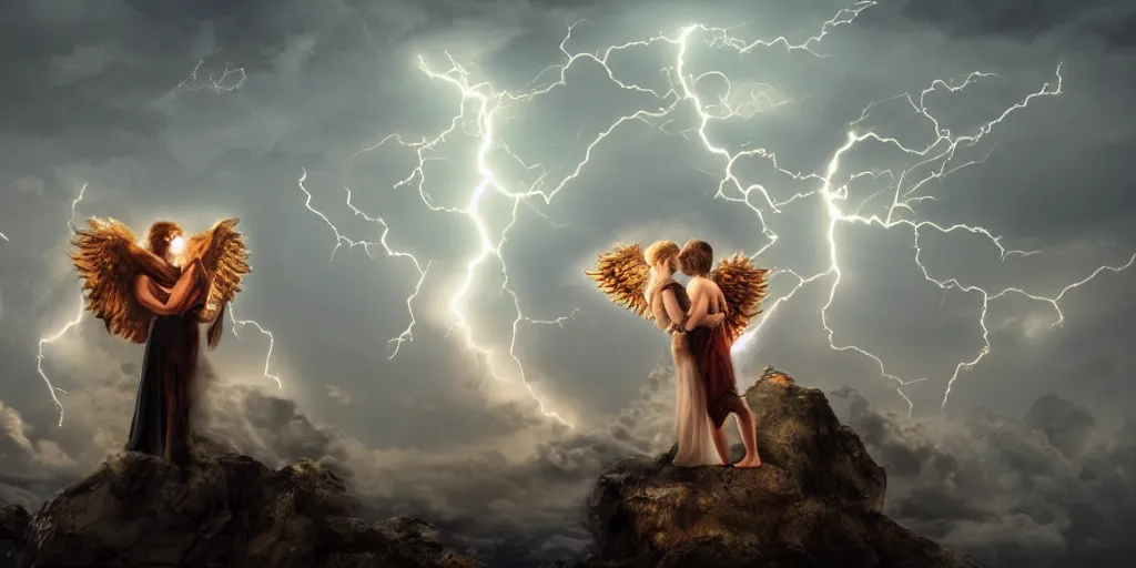 Prompt: young couple falling through clouds, winged angel & demon with tail battling hugging kissing. background clouds, illuminated by lightning and fire