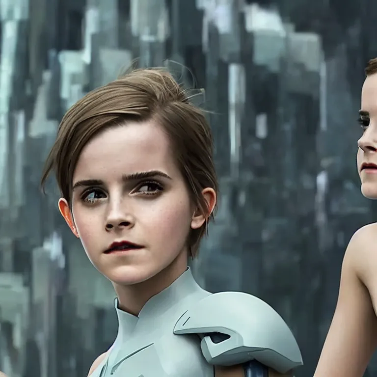 Prompt: scifi emma watson looks like ghost in the shell, extremely high detail, high detailed face, smiling woman, cyborg, photorealism, emma watson, sony a 7 r