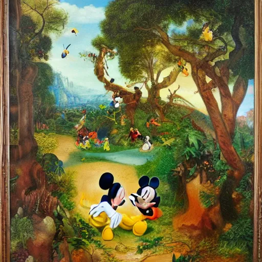 Image similar to mickey mouse entering the garden of eden, oil painting, masterpiece