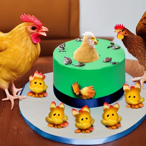 Image similar to a light yellowish down-covered baby chick and a rooster are near a birthday cake having 3 candles