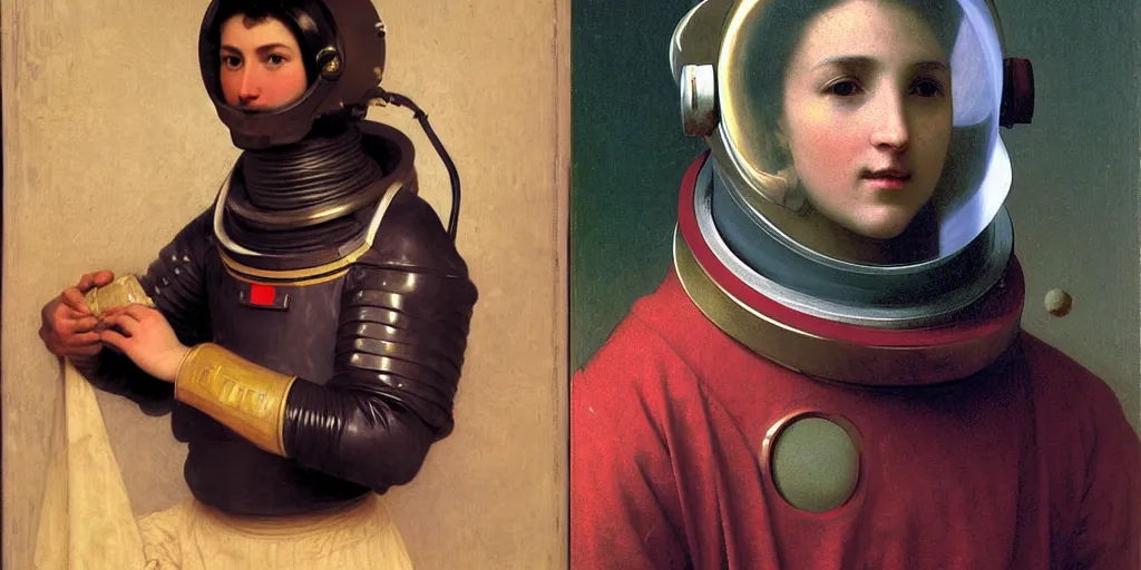 Prompt: asthetic! medieval astronaut with helmet medium shot portrait , by William-Adolphe Bouguereau.