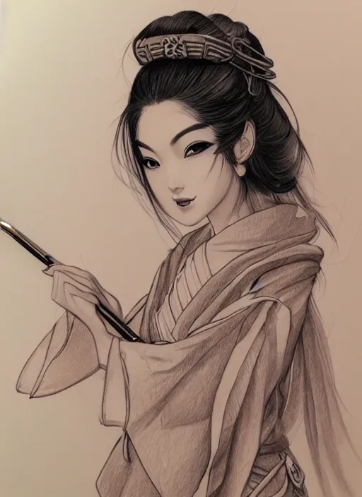 Image similar to a detailed hand drawn sketch of a stunning geisha princess, muted colors, artgerm, NeoArtCorE, artstation