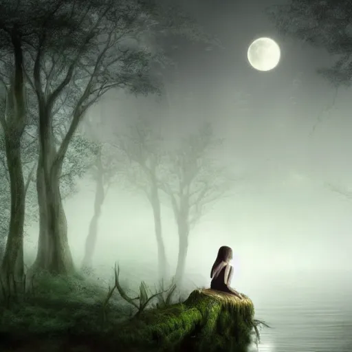 Image similar to highly realistic scenic painting of a towering misty dark fantasy forest surrounding a pond, a girl in a white dress sits on the roots of an ancient tree looking up at the moon, spooky fog, fantasy painting hd