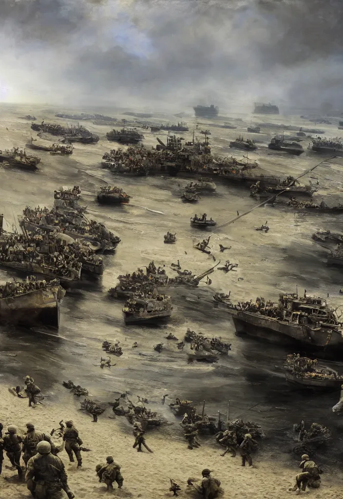 Prompt: high quality oil painting of The World War II D-Day invasion of Normandy at the beach, by Rembrandt and Raymond Swanland, volumetric and perfect lighting, 4k, 8k, HD
