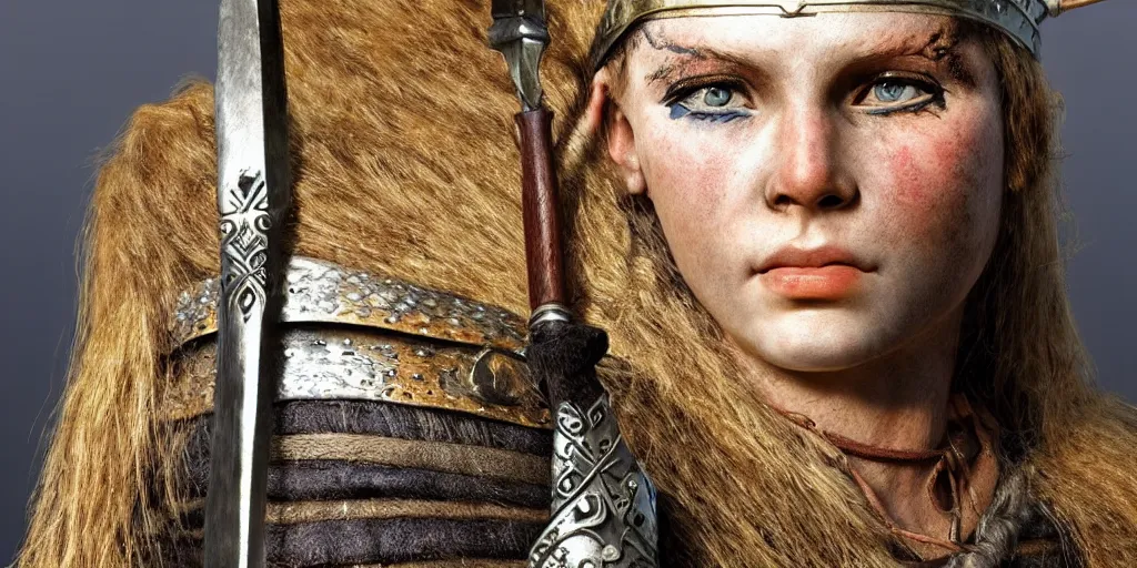 Image similar to a beautiful viking female warrior, realistic, highly detailed.