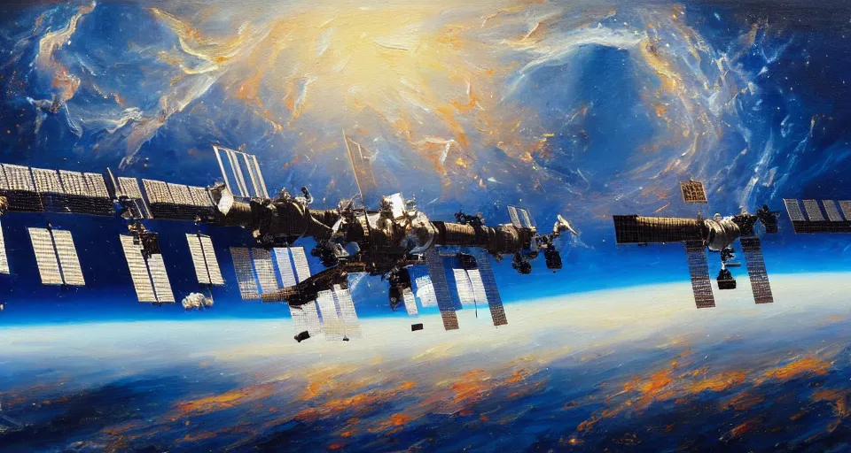 Prompt: An oil painting of the International Space Station, dramatic lighting, trending on ArtStation