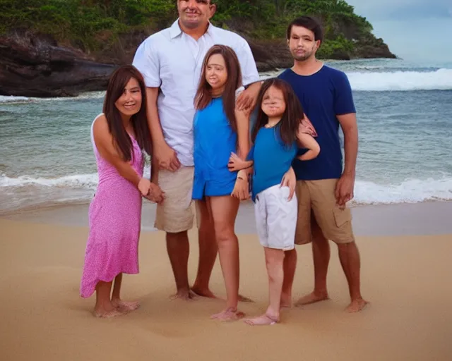 Image similar to happy father, mother, son, daughter, pose portrait on beach, realistic faces