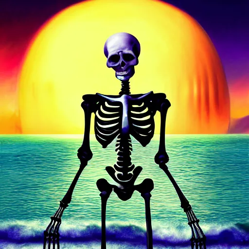 Image similar to Beautiful digital painting portrait of relaxed skeleton walking on the tropical beach with nuclear bomb explosion on the ocean in the background, high quality, trending on Artstation, highly detailed big nuclear explosion in the background, realistic, tropical color scheme, anatomically correct skeleton, high coherence, beautiful aesthetic lighting