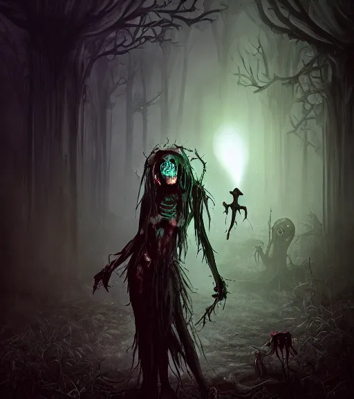 Image similar to gothic necrolord female with zombie servents, digital painting, liminal eerie midnight backlit, a picture taken by Michael Komarck and Daniel Ljunggren