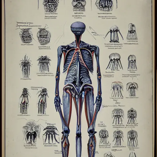 Image similar to an alien species, anatomical diagram, labeled body parts, from all tommorrows, by c. m. kosemen