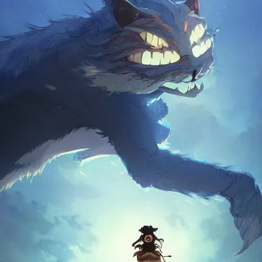 Image similar to a kid riding a monster cat in the night made by studio ghibli beautiful scene fantasy with a lot of lighting and blue colour highly detailed, digital painting, artstation, concept art, smooth, sharp focus, illustration, art by artgerm and greg rutkowski and alphonse mucha