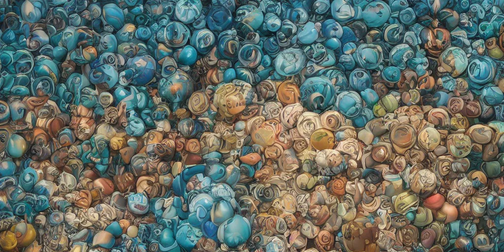 Image similar to beautiful gradient from the upper right corner to the lower left corner, 3 6 0 panorama escher style pattern of colorful balls, sculpture in the ancient greek style with the texture of old rust and a
