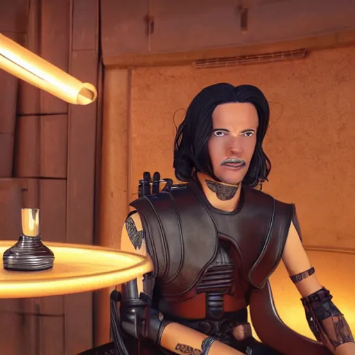 Image similar to wrenga jixton sitting at a table in a bar on tatooine, movie still, human with long black hair and a black leather vest