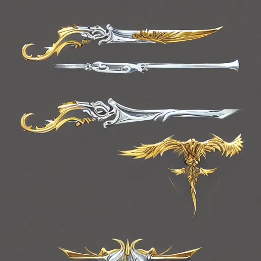 Image similar to concept art of silver gold scythe weapon, scythe design, fantasy scythe, fantasy, behance, pinterest, deviantart, artstation, weapons concept art, design, rpg, weapon, detailed, digital art, incredible, digital painting