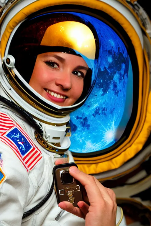 Prompt: extremely detailed studio portrait of space astronaut, holds an iphone in one hand, iphone held up to visor, reflection of iphone in visor, moon, extreme close shot, soft light, golden glow, award winning photo by nasa