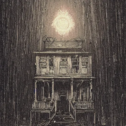 Image similar to ghost in a haunted house woodcut print by greg rutkowski