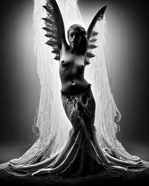 Image similar to surreal mythical dreamy dark artistic black and white fine art photo of a beautiful young female angel - mermaid - cyborg covered with translucent algae lace web, rim light, cinematic, studio dramatic light, poetic, octane render, 8 k, photo - realistic, by floria sigismondi