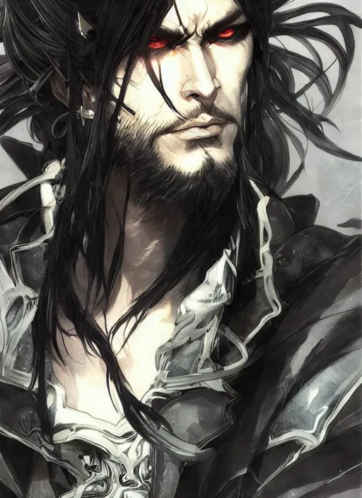 Image similar to Half body portrait of a handsome elven warrior with long black hair and facial hair wearing a black jacket. In style of Yoji Shinkawa and Hyung-tae Kim, trending on ArtStation, dark fantasy, great composition, concept art, highly detailed.