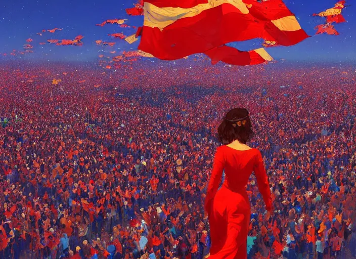 Image similar to gorgeous bright girl waving a red flag over her head running through Mandelbrot fractal crowd by Craig Mullins, ilya kuvshinov, krenz cushart, artgerm trending on artstation by Edward Hopper and Dan Mumford and WLOP and Rutkovsky, Unreal Engine 5, Lumen, Nanite