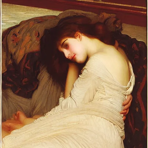 Image similar to a teenage girl lying on the floor, wearing a nightgown, by Frederic Leighton