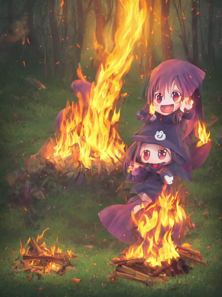 Image similar to cute fumo plush manic happy witch pyromaniac girl giddily starting a huge bonfire in the forest, anime, burning flames, warm glow and volumetric smoke vortices, rule of thirds composition, vignette, vray