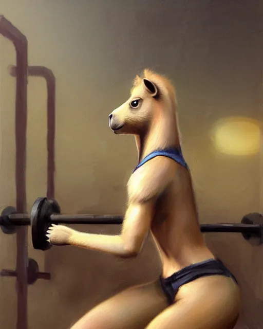 Image similar to beautiful portrait of a muscular female anthro capybara wearing a tanktop exercising in the gym. gymcore, female fursona, furry, furaffinity, 4 k devinatart. very expressive, by gaston bussiere, craig mullins