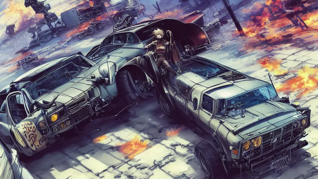 Image similar to anime illustration of mad max's fj 4 0 pursuit special, the last v 8 interceptor driving down to the gates of valhalla highway, riding fury road eternal shiny and chrome, world of fire and blood, by makoto shinkai, ilya kuvshinov, lois van baarle, rossdraws, basquiat, global illumination ray tracing hdr