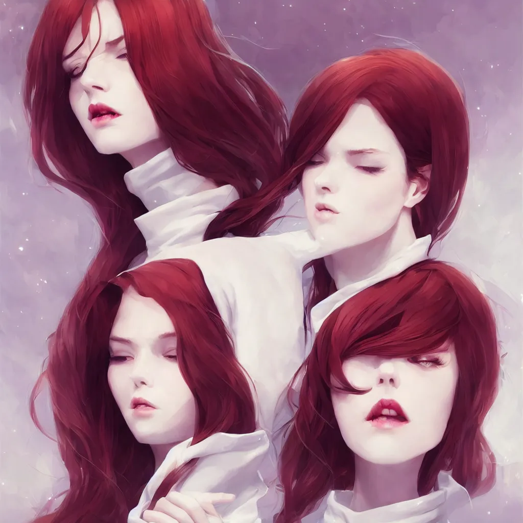 Image similar to beautiful pale vampire with auburn hair in a white turtleneck dress, on a super yacht, by guweiz and wlop and ilya kuvshinov and and moebius, artgerm, symmetrical eyes, aesthetic, gorgeous, stunning, alluring, attractive, half body portrait, artstation, deviantart, pinterest, digital art