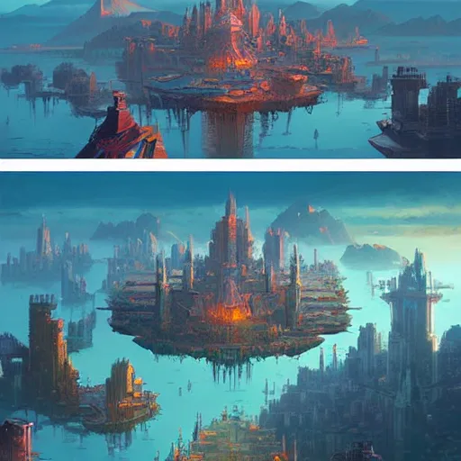 Prompt: cities on floating islands in the sky, islands connected by chains, breathtaking concept art, digital art, detailed, by andreas rocha