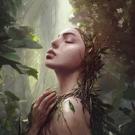 Image similar to a beautiful portrait of a plant goddess with closed eyes by Greg Rutkowski and Raymond Swanland, wet leaves, Trending on Artstation, ultra realistic digital art