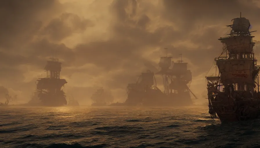 Image similar to A highly detailed matte painting of a huge pirate ship in the ocean , volumetric lighting, octane render, 4K resolution, trending on artstation