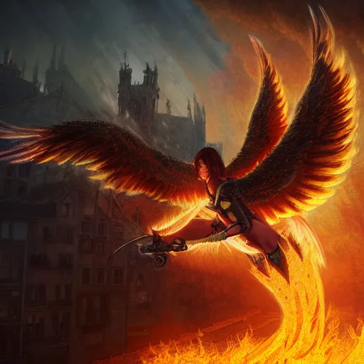 Image similar to Fallen angel as a phoenix in fire, flying through a medieval town by night, buildings in fire, smokes, dark, destruction, post-apocalyptic, DnD character, unreal engine, octane render, dramatic lighting, pond, digital art, by Stanley Artgerm Lau, greg rutkowski, thomas kindkade, alphonse mucha, loish, norman Rockwell