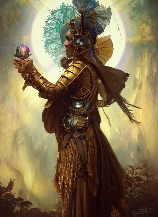 Image similar to hyper realistic knight casting a spell, refined details, denoised, birds eye view, magical, gems, jewels, gold, steampunk, cyberpunk utopia, painted by tom bagshaw, mucha, gaston bussiere, craig mullins, j. c. leyendecker 8 k