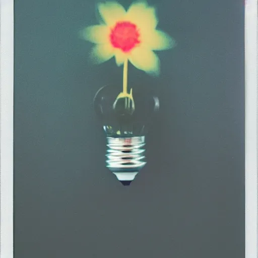 Image similar to a glowing lightbulb, a flower inside, polaroid photo, surreal,