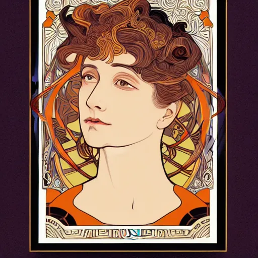 Prompt: art nouveau poster portrait of a woman, in the style of Mucha, on a detailed geometric art nouveau background design