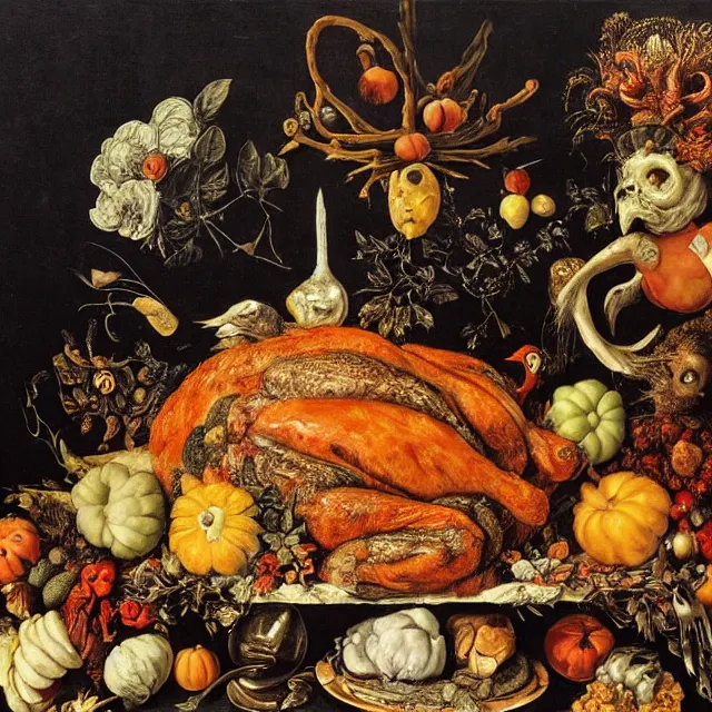 Prompt: victorian thanksgiving feast, black background, vanitas, still life by giuseppe arcimboldo, intricate high detail masterpiece