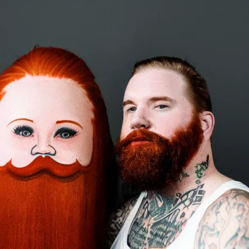 Image similar to photo of a redheaded woman and a man with a thick dark beard and tattoos. They are holding a giant corn with a babies face