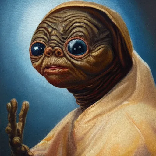 Image similar to high quality oil painting portrait of E.T. extra terrestrial in victorian manchester, dark background, high fantasy, perfect lighting