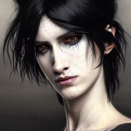 Image similar to portrait painting of an androgynous witch with shoulder length black hair pale skin and beautiful eyes wearing a punk clothes, ultra realistic, concept art, intricate details, eerie, highly detailed, photorealistic, octane render, 8 k, unreal engine. art by artgerm and greg rutkowski and magali villeneuve and alphonse mucha