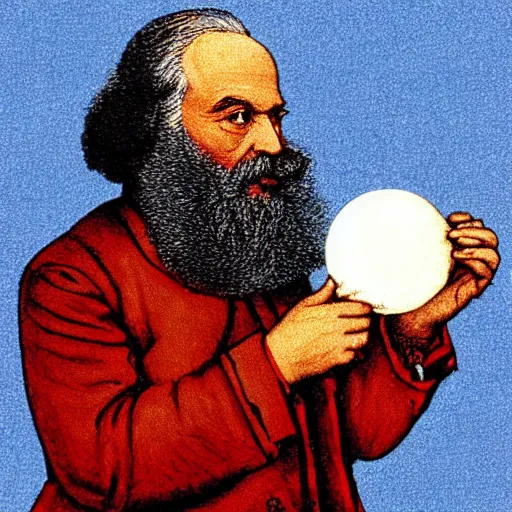 Prompt: Karl Marx pondering his orb, technicolor