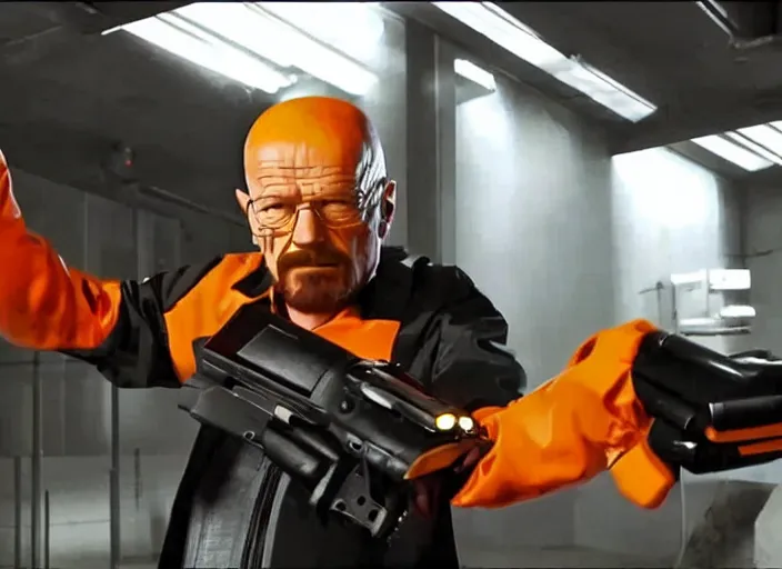 Prompt: film still of Walter White as Gordan Freeman wearing Black and orange Black Mesa Jumpsuit holding a gravity gun in the Half Life Movie, 4k