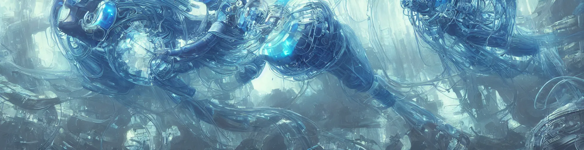 Image similar to Panorama hyper detailed painting of a cyberpunk jellyfish, blue tones, underwater, 8 mm, highly detailed, digital painting, artstation, concept art, smooth, sharp focus, illustration, art by artgerm and greg rutkowski and alphonse mucha