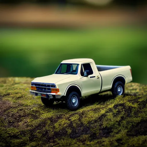 Image similar to a photo of a tiny ford truck ranger 1 9 8 0 on a green leaf, natural sunlight, outdoors, highly detailed macro photography, shallow depth of field, full shot