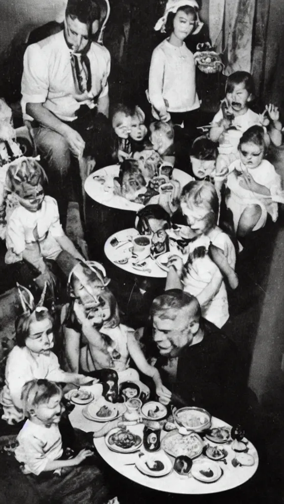 Image similar to occult satanic food ritual, family photo, 1 9 6 0 s, kodachrome