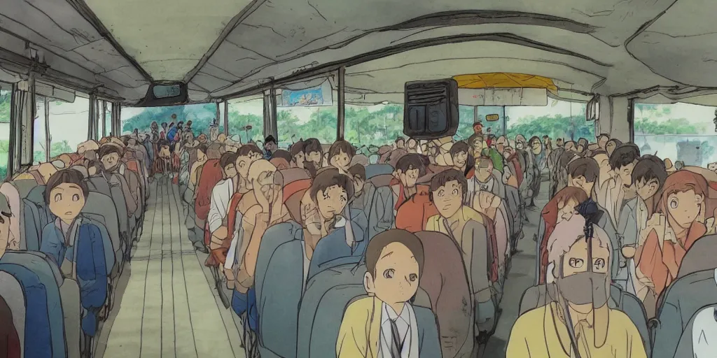 Image similar to inside sri lankan bus, drawn by hayao miyazaki, rule of thirds composition