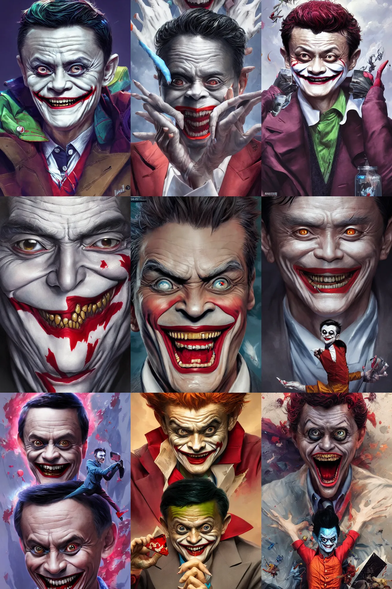 Prompt: jack ma as a joker, realistic, high definition, 4 k, shimmering color, hyper detailed, art of greg rutkowski and magali villeneuve and artgerm